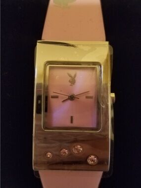 PLAYBOY Pink Dial Watch with Gold-Tone Case and Crystal Accents